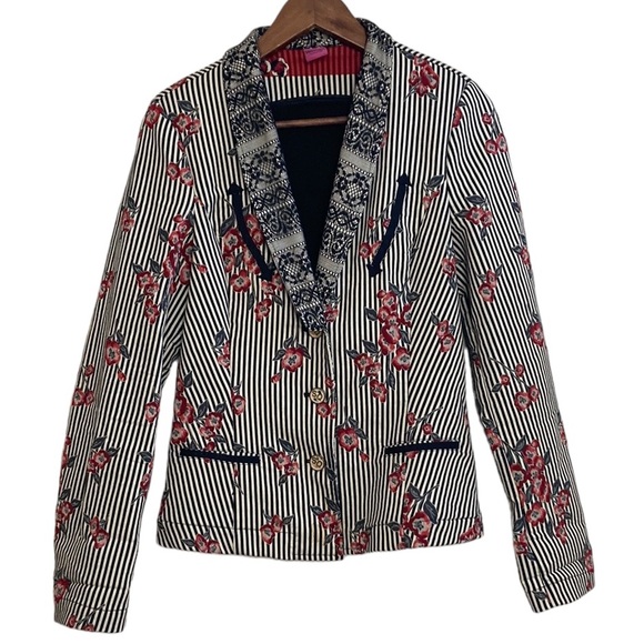 Save the Queen Blazer Womens Large Black White Red Floral Stripe Sheer Stretch - Picture 1 of 15